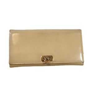 Salvatore Ferragamo Patent Leather Nude Gold Gancini Long Wallet, Vintage Y2K